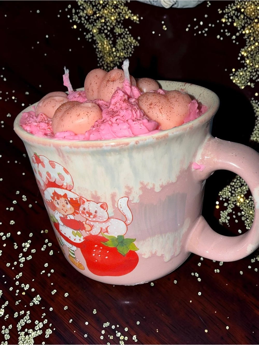 Handmade Strawberry Shortcake Mug Cherry Soy Candle 2 Wick - Picture 3 of 7